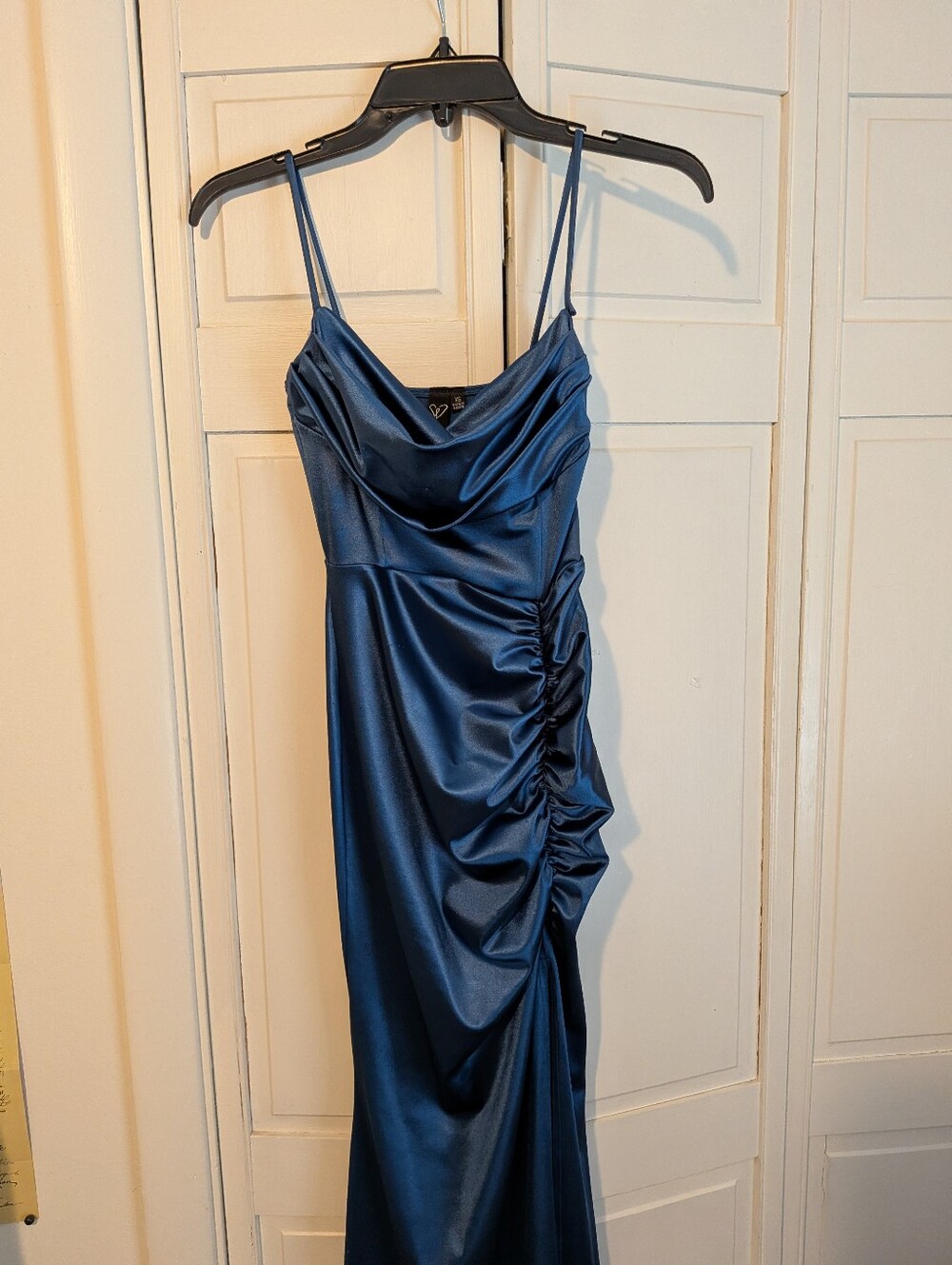 Navy Blue Satin Cowl-Neck Spaghetti Strap Dress